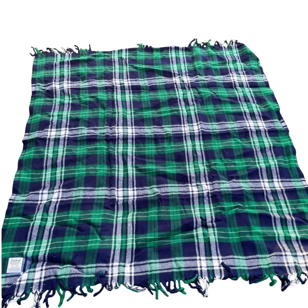Faribo Acrylic Unisex Adult OS Plaid Fringe Throw Blanket Navy Green USA Made - Picture 2 of 4